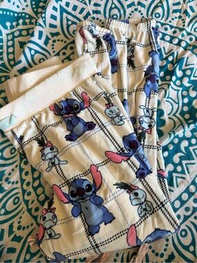Disney Cream Pajama Pants with Blue Stitch & Pink Accents